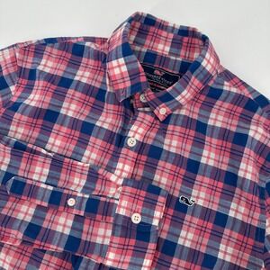Vineyard Vines Kids Boys Whale Shirt Pink Navy Blue Plaid Button Down Large 16
